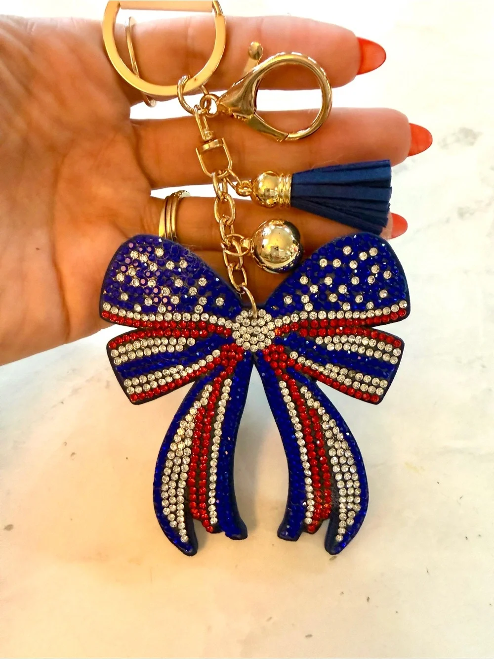 ✨ NWT USA Patriotic Rhinestone Crystal Coquette Bow Puffy Keychain & Bag Charm ✨